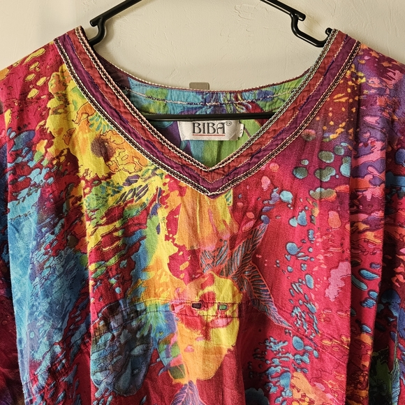 BIBA Vintage Rainbow Watercolor Style Abstract Paint Splatter Batwing Top - Picture 5 of 16